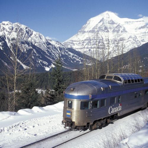 Winter train near Mount Robson. Photo from VIA Rail.