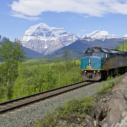 Photo of VIA Rail train with Mount Robson in background. Photo from VIA Rail.