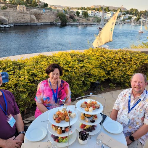 Photo of group at tea at Old Cataract Hotel (2024). Photo by tour director Marion.