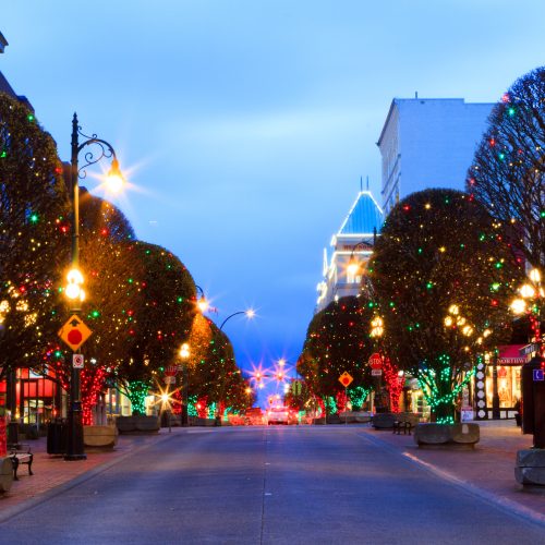 Government Street in Victoria with holiday lights. Photo Credit: Adobe Stock.